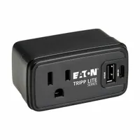 Single-outlet surge protector with a 15 A current rating and 5-15P plug in a black housing. Not UL rated for healthcare. Suitable for protecting sensitive electronics in industrial control panels, workstations, and test equipment where space is limited