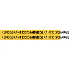 Yellow adhesive pipe marker with black legend reading 'Refrigerant Discharge'. Fits pipe outer diameters from 3/4 to 2-3/8 inches. Pack of 4 markers without arrows. Used to identify refrigerant discharge lines in industrial piping systems.