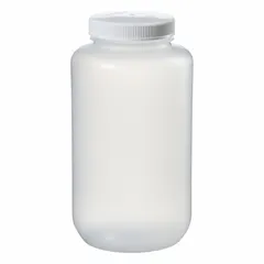 This 4 L (1 gal) wide-mouth round bottle is made of natural polypropylene copolymer (PPCO) and includes a 100 mm polypropylene unlined closure. Designed for general laboratory liquid storage and sample handling, it offers chemical resistance and a secure seal. The bottle is not graduated.