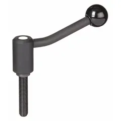 This adjustable tension lever features a threaded stud for quick tightening and release. It is constructed from steel with a 5/8"-11 thread and 60 mm thread length, with an overall length of 128.5 mm. Suitable for positioning and clamping applications in machinery and workholding setups.