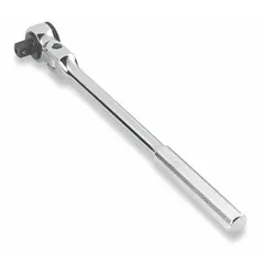 This PROTO flex-head ratchet features a 1/2 in drive size and 17 in overall length for heavy-duty fastening tasks. The chrome finish provides corrosion resistance, while the 5° minimum arc swing enables use in confined spaces. Reversible operation allows for both tightening and loosening. Suitable for automotive repair, industrial maintenance, and assembly applications.