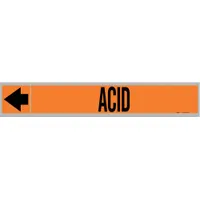 Orange fiberglass pipe markers with black legend text reading 'Acid'. Each marker includes arrows to indicate flow direction. Fits pipe outer diameters of 1-1/2 to 2 inches. Supplied as a set of 25 markers for identifying acid piping systems in industrial facilities