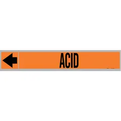 Orange fiberglass pipe markers with black legend text reading 'Acid'. Each marker includes arrows to indicate flow direction. Fits pipe outer diameters of 1-1/2 to 2 inches. Supplied as a set of 25 markers for identifying acid piping systems in industrial facilities.