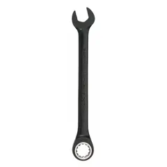 This 19 mm metric spline ratcheting combination wrench features an offset design for improved access in confined spaces. Constructed from alloy steel with a black chrome finish, it has an overall length of 9 3/4 in. Suitable for tightening and loosening fasteners in industrial maintenance, automotive repair, and machinery assembly.