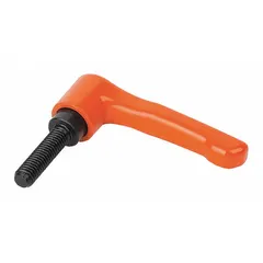 This straight teardrop-style adjustable handle features a zinc body with steel thread and an orange finish. It has a 65 mm overall length, 1/4"-20 thread size, and 15 mm thread length. Designed for manual clamping, positioning, and adjustment on industrial machinery, jigs, and fixtures, it allows quick repositioning without tools.