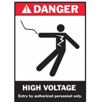 Adhesive-mount polyester sign with nominal size 3 1/2 in x 5 in and 0.01 in thickness. Supplied in a 5-pack. Not retroreflective, not glow-in-the-dark, and no anti-slip surface. Used to warn of high voltage and restrict access to authorized personnel in electrical enclosures, panels, and equipment areas
