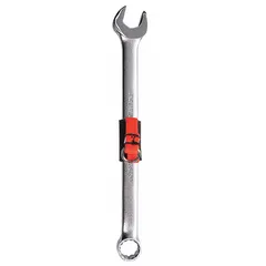 Alloy steel combination wrench with satin finish, 14 mm 12-point head, and 8 3/4 in overall length. Offset design provides clearance in confined spaces. Tether-ready feature allows attachment of a lanyard for tool control in elevated or hazardous environments.