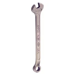 This 9/16 in SAE combination wrench features a 12-point box end and open end, with a natural finish. It is constructed from aluminum bronze nickel for nonsparking performance, suitable for use in hazardous environments where sparking tools are prohibited. Overall length is 8 in.