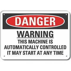 Reflective Machine & Operation Danger Sign: Aluminum, Mounting Holes Sign Mounting, Engineer Grade (MPN LCU4-0694-RA_14X10). Key specifications — Sign Mounting Style: Mounting Holes; Retroreflective Grade: Engineer Grade; Glow In The Dark: No.