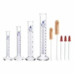 This set of graduated cylinders is used for precise volume measurement of liquids in laboratory settings. Made of glass, it is suitable for chemistry, biology, and industrial testing applications requiring accurate graduated readings.