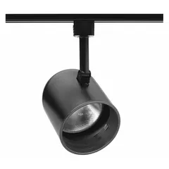 Incandescent track lighting head with roundback shape, rated 75 W. Measures 6 in length and 4 3/8 in diameter. Black finish with black baffle to reduce glare. Suitable for accent or directional lighting in commercial and residential spaces.