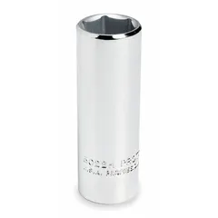 This 3/8" drive hand socket features a 9/16" hex size with a 6-point deep design for accessing recessed fasteners. The chrome finish provides corrosion resistance. Suitable for turning hex fasteners in general mechanical and maintenance tasks.