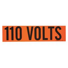 Self-stick vinyl marker with legend '110 Volts' for identifying conduits and electrical equipment. Label height 2 1/4 in, supplied 1 marker per card. Suitable for use in industrial facilities to indicate voltage levels.