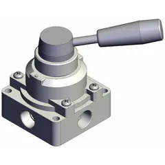 Manual air control valve with lever actuator and side-ported body. Two-position operation for on/off or directional control of compressed air. 3/8 in NPT ports. Maximum operating pressure 1 MPa.
