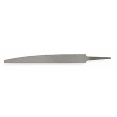 Double-cut knife file with a single edge cut and smooth cut. Measures 6 inches in length without tang and 11/16 inches in width. Suitable for precision filing in tight spaces such as keyways, slots, and corners, as well as general metalworking and deburring tasks.
