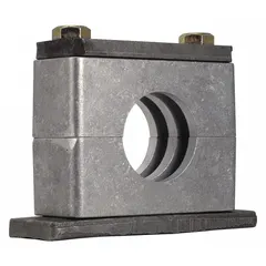Steel clamp with aluminum cushion for single-line applications. The textured core reduces vibration and noise in hydraulic, pneumatic, and instrumentation tubing systems. Suitable for securing and protecting piping in industrial fluid systems.