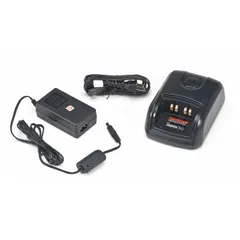 Single unit charger designed for Motorola HT1250, HT1550, HT750, MTX, and PR860 series two-way radios. Operates on 120 V AC input. Suitable for recharging batteries in communication equipment used in industrial, public safety, and commercial environments.