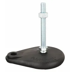 Swivel male leveling mount with 5/8"-11 thread size and teardrop base. Base width 4 in – 5-7/16 in, hex size 7/8 in, includes jam nut and mounting holes. Load capacity 6,000 lb. Used for leveling and stabilizing machinery, conveyors, and workstations.