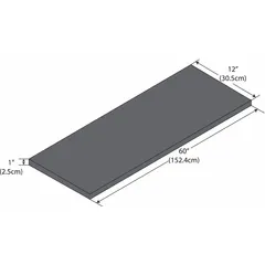 This phenolic lab shelf is designed for use in laboratories, cleanrooms, and industrial workstations. It measures 12 inches in overall length, 5 feet in overall width, and 1 inch in overall height, with a black finish. The phenolic material provides chemical resistance for benchtop storage of instruments, glassware, and supplies.