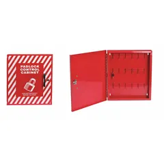 Wall-mounted steel lockout station with closed cover and no window. Unfilled, includes two keys. Accommodates small lockout kits (1-20 devices). Used to organize lockout/tagout equipment during servicing and maintenance procedures.
