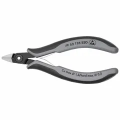 ESD-safe diagonal cutting pliers with pointed, standard-type jaws. Overall length 5 in, jaw length 1/2 in, jaw width 1/2 in. Suitable for precision cutting of soft wire and cable in electronics assembly and repair, protecting sensitive components from electrostatic discharge.