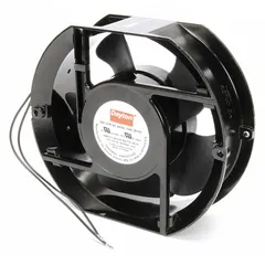 Standard oblong axial fan with 6 3/4 in height and 2 in depth, constructed of aluminum. Operates on 115V AC and is rated IP20. Connection is via lead wires. Used for cooling and ventilation in enclosures, control panels, and electronic cabinets.