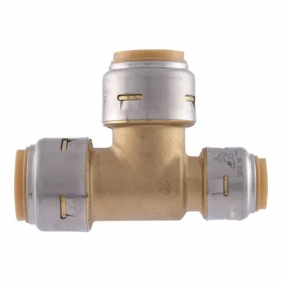 SHARKBITE MAX Push-Fit Tee Fitting: Tee, 3/4 in OD x 1/2 in OD x 1/2 in OD Size, Brass - Standard Brass Push-to-Connect Tube Fittings