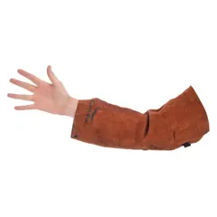 These welding sleeves are made from cowhide leather for protection against sparks, heat, and flame. They feature a universal size, brown color, and straight cuffs. Suitable for welding and metalworking applications where arm protection is required.