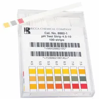 These pH strips measure acidity or alkalinity in liquids across a 4.5 to 10 pH range with 0.5 pH resolution. Each strip is 4 inches long and 3 inches wide. Suitable for water testing, laboratory analysis, and process control