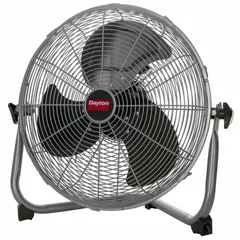 This Dayton floor fan is designed for home and office use. It features a 16-inch aluminum blade, three speeds, and a non-oscillating design for directed airflow. The fan operates on 120V AC single-phase power and measures 19 inches high by 22 inches wide.