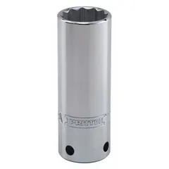 This 12-point deep chrome socket has a 1/2 in drive and 24 mm size. It is tether-ready for secure attachment in elevated or confined work environments. Used for fastening and loosening metric fasteners in industrial maintenance, assembly, and repair.