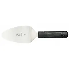 This pastry and pie server features a 3-inch blade of High Carbon Japanese Steel and an 11-inch overall length. The black plastic handle provides a secure grip. NSF certified for use in commercial food service environments. Not dishwasher safe.