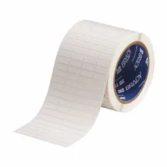 Precut label roll made of polyimide with a white gloss finish. Overall dimensions are 3 11/32 in x 1/4 in, with pre-cut labels measuring 1/4 in x 3/4 in. Compatible with i7100 printer series. Suitable for labeling applications requiring heat and chemical resistance, such as circuit board identification and asset tracking in industrial environments.