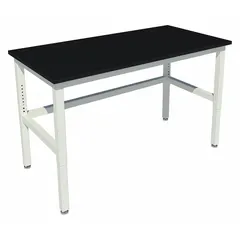 This adjustable-height lab table features a phenolic countertop in petal white, offering chemical and moisture resistance. Overall dimensions: 30 in width, 5 ft length, height adjustable from 30 to 36 in. Suitable for laboratory, industrial, and technical workstations where adjustable height and durable work surface are required.