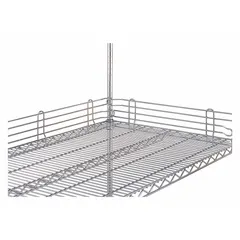 Steel ledge for wire shelving, finished in chrome with a silver appearance. Designed to attach to the front of wire shelves to prevent items from rolling or falling off. Suitable for organizing and securing products in storage areas such as warehouses, retail backrooms, and commercial kitchens.