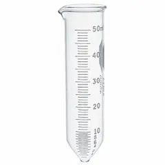 This 50 mL glass centrifuge tube from KIMBLE features a conical bottom for efficient pellet collection and a colorless body for sample visibility. It is graduated for volume measurement and includes a closure to prevent leakage during centrifugation. With a 29 mm body diameter and 148 mm overall height, it is suitable for general laboratory separation and sedimentation procedures.