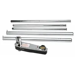 Standard-head dial torque wrench with 1-inch square drive, torque range 0 to 2000 ft-lb (56 to 280 m-kg), and overall length 110 3/4 inches. Features a memory needle to retain peak torque readings. Used for tightening large fasteners to specified torque values in heavy equipment assembly and maintenance.