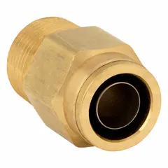 Brass push-to-connect adapter fitting with 3/4 in OD tube size and 3/4 in male NPT pipe thread. Designed for pneumatic systems, air brake lines, and industrial fluid handling requiring tool-free, leak-free connections.