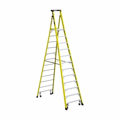 WERNER Platform Stepladder: 12 ft Ladder Size, Fiberglass, 375 lb Load Capacity - Rolling Podium Stepladders