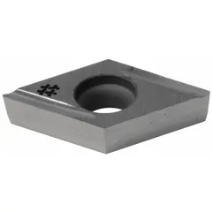 Diamond indexable turning insert for precision machining of non-ferrous materials, composites, and plastics. Used in turning, boring, and profiling operations to achieve fine surface finishes and tight tolerances.