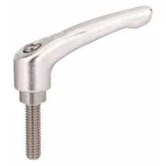 This KIPP adjustable handle features a teardrop-style grip and a threaded stud for tool-free tightening, loosening, or repositioning of components. It is made of corrosion-resistant stainless steel, suitable for use in jigs, fixtures, and clamping applications where secure adjustable positioning is required. Thread size is 1/4"-20, thread length is 60 mm, and overall length is 65 mm.