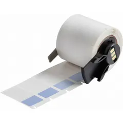 Blue matte vinyl wraparound label measuring 1 1/2 in x 3/4 in, designed for permanent identification of wires and cables from 10 AWG to 4 AWG. Compatible with M611 printer series and requires M7-R4300 ribbon. Used in electrical installations and control panels for clear marking.
