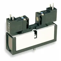 This Parker DX Series directional control valve is a four-way, two-position, single-solenoid, spring-return valve with internal pilot actuation. It operates on 120V AC and has 1/8 in NPT ports. Typical applications include directing compressed air in pneumatic systems for industrial automation, packaging, and material handling