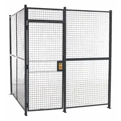 This woven-wire partition cage encloses a 20 ft by 10 ft footprint with a 10 ft height, constructed with four sides of woven-wire panels finished in gray enamel. It includes a hinged door with a keyed different cylinder lock and is supplied without a ceiling panel. Typical applications include securing inventory, tools, or equipment in industrial facilities such as warehouses and distribution centers.