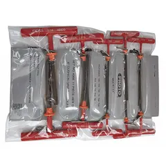 T-shaped hex key set with 11 pieces in SAE sizes, including standard and long tips. Black oxide finish for corrosion resistance. Supplied in a pouch for storage. Used for tightening and loosening hex socket fasteners in assembly and maintenance tasks.