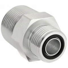 This steel hydraulic hose adapter connects an O-Ring Seal (ORS) port to an NPTF threaded port. It features a male x male, rigid, straight configuration for leak-resistant connections in fluid power systems. Fitting size is 1/4 in x 3/8 in.