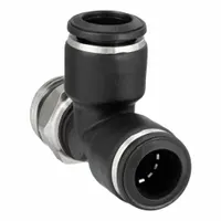 This push-fit wye fitting splits or combines three tubes in pneumatic and low-pressure fluid systems. It accommodates tube sizes 4 mm OD x 4 mm OD x 6 mm OD, with a polymer body and nickel-plated brass construction. Overall length is 35 1/2 mm