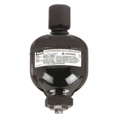 Uncharged diaphragm accumulator with 20 cu in fluid volume and maximum flow of 26 gpm. Features a Hydrin bladder and SAE #8 connection. Used in industrial fluid-handling systems for hydraulic energy storage and pulsation dampening.