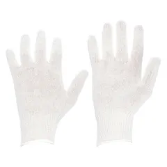 White polyester glove liners with knit cuff, size L, 9 1/2 in length. Suitable as a basic layer under work gloves for general industrial tasks such as assembly, light material handling, and maintenance.