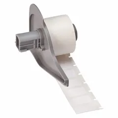 White gloss polyester precut label roll, 1 in x 1/2 in, for use with BMP71 printers. Temperature range -40°F to 356°F. Suitable for labeling industrial equipment and components in demanding environments.